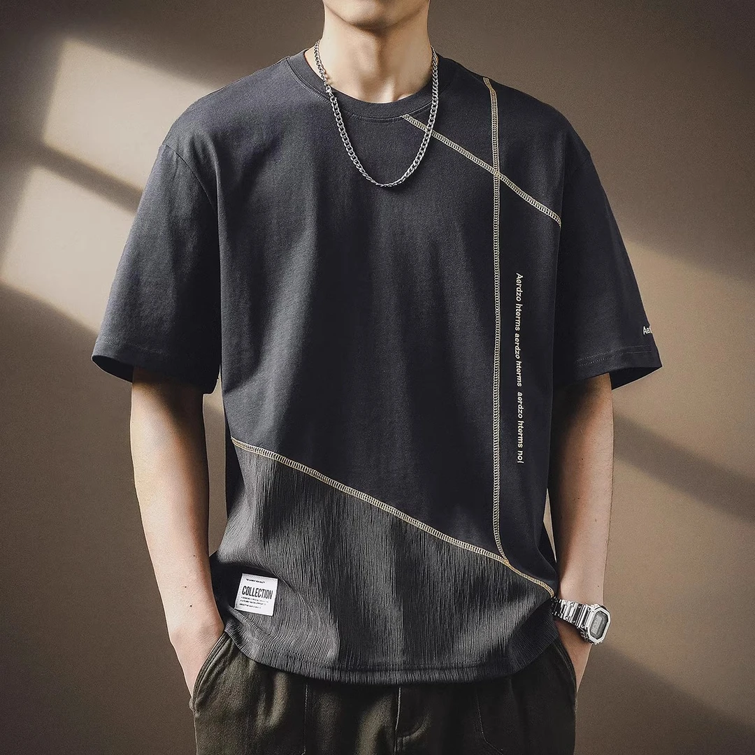 高端辑明线设计感拼接短袖T恤男夏季宽松潮流圆领纯棉休闲体恤男