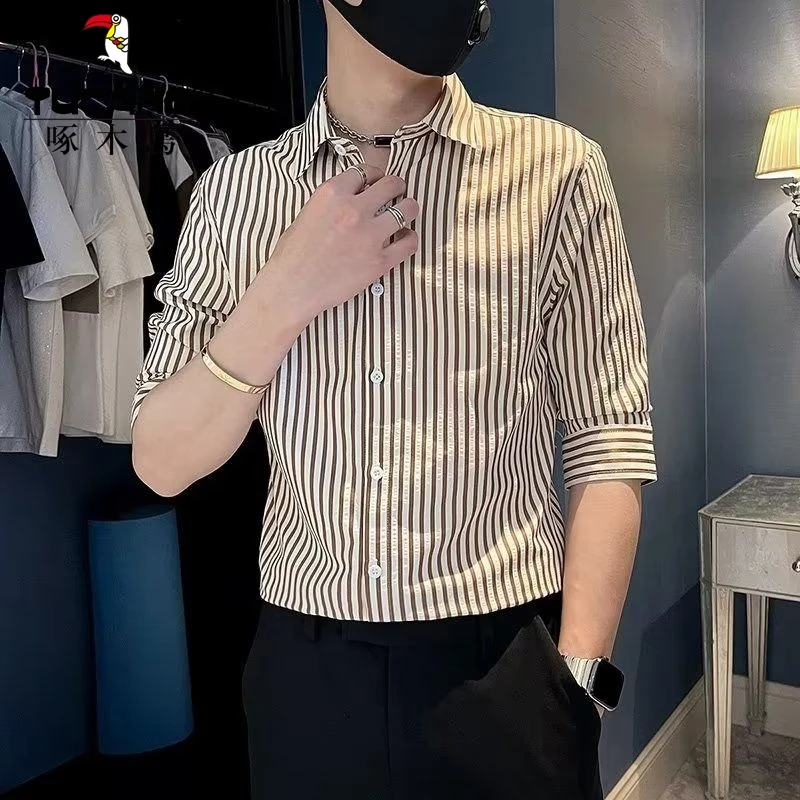 夏季男士衬衫修身中袖七分袖休闲发型师条纹衬衣百搭in上衣