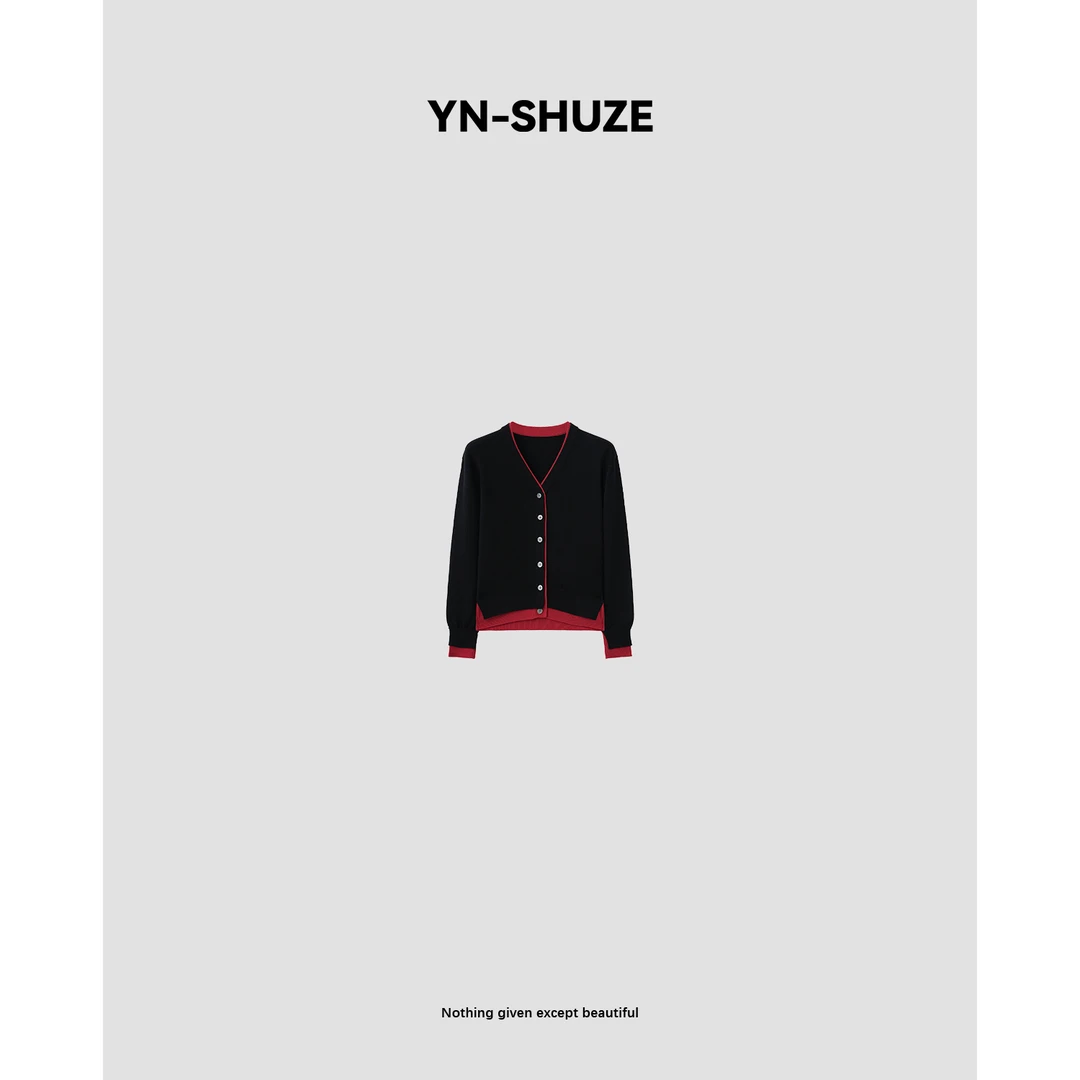 YN-SHUZE【黑红旋律】100%绵羊毛简约V领拼接毛衣开衫SZ-YNB-MY0201