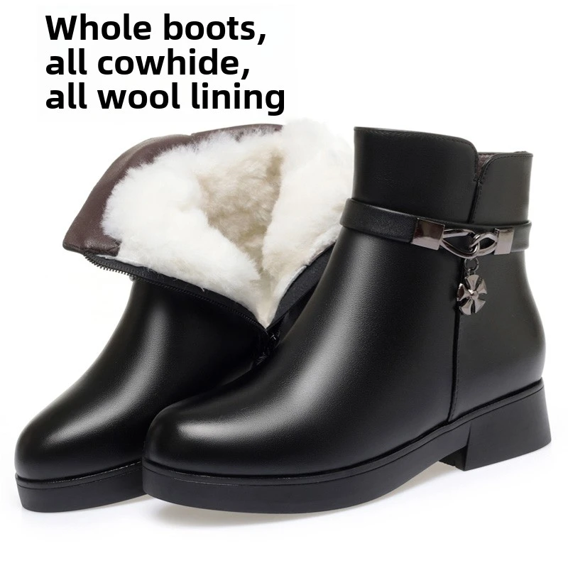 短靴女平底真皮大尺码中老年保暖妈妈棉鞋羊毛女靴加绒棉靴子