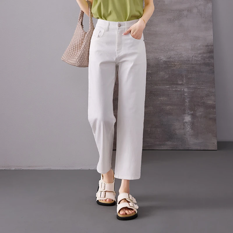 索菲丝尔2025夏季新款薄款女士时尚高腰白色直筒九分牛仔裤522723