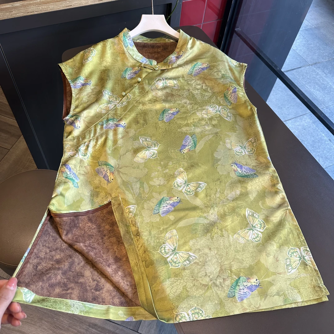 【绿蝶 飞飞袖奥黛】气质显瘦立领斜襟手工盘扣飞飞袖中长款上衣AWR