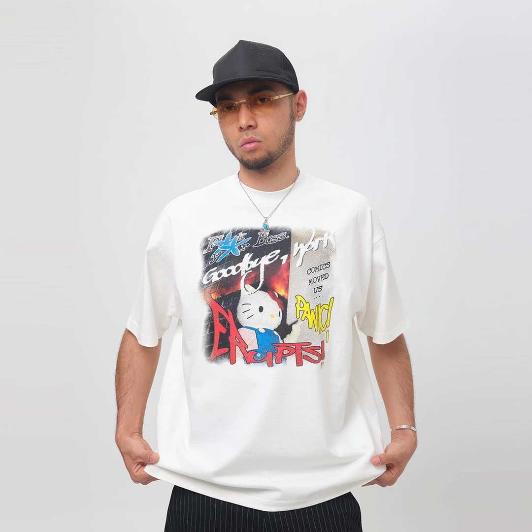 ComicTree C.t 2025夏季恶搞暴走kitty猫圆领短袖T恤男士衣服新款