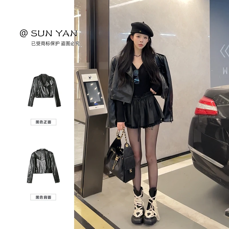 孙妍【杰克车长】时尚翻领防风宽松机车皮衣短款夹克外套女秋冬新款