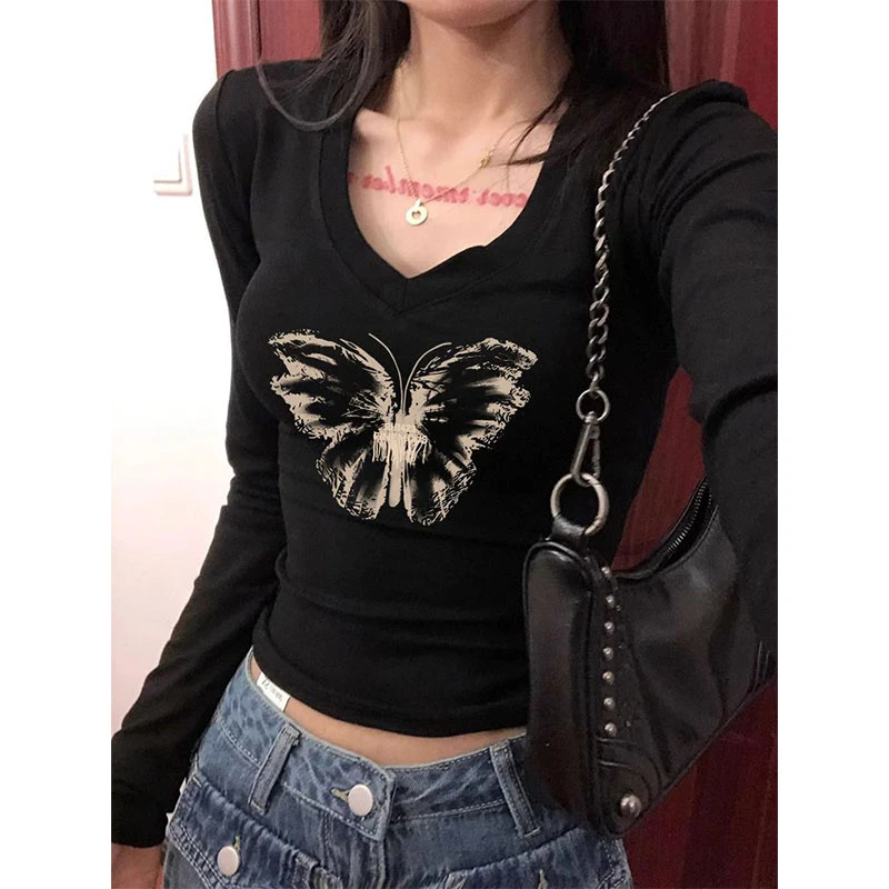 黑色v领打底衫女春秋季小众别致纯棉长袖t恤修身显瘦纯欲辣妹上衣