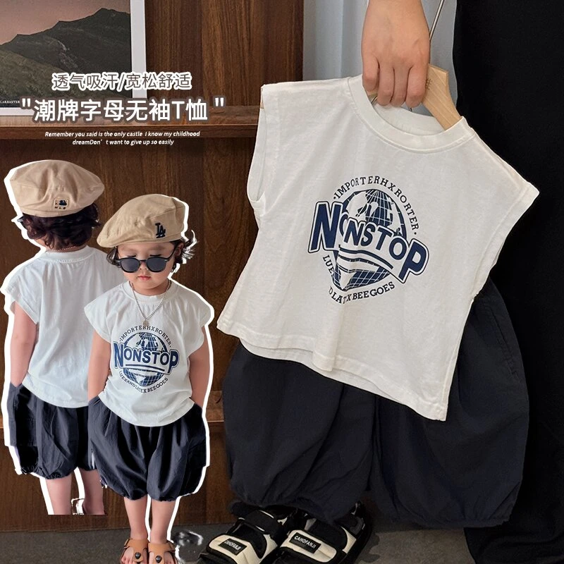 《必入爆款》韩版男童女童字母无袖T恤儿童个性印花圆领25XL1276