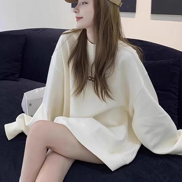 诗凡黎商城同款白色圆领无帽卫衣女秋冬加绒加厚2025新款爆款宽松