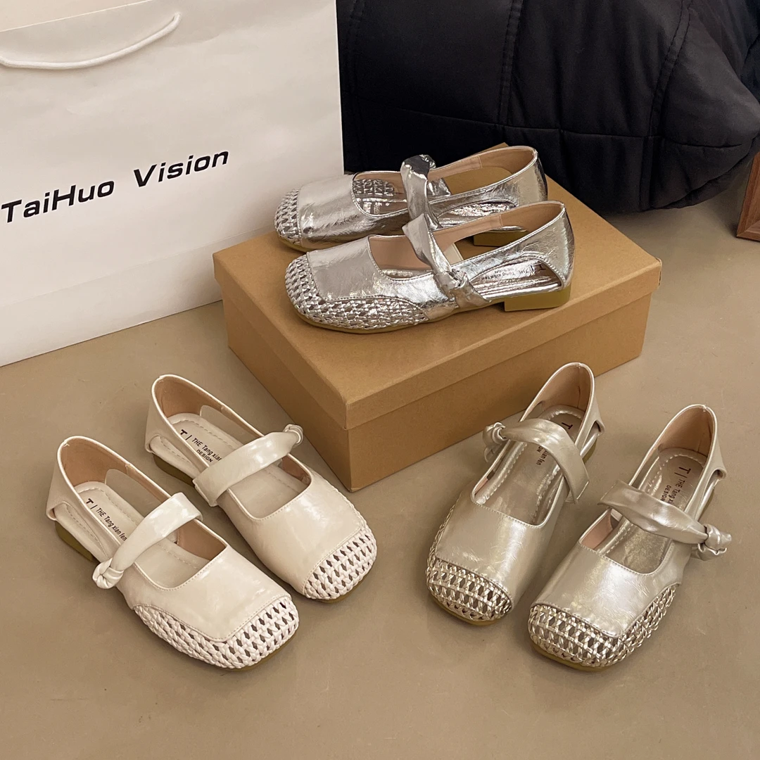 镂空网状纯色方头软底圆头千金风法式时装凉鞋时尚百搭夏季粗跟鞋