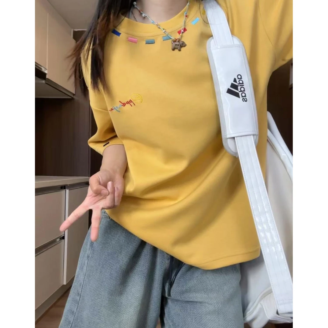 小众设计彩色刺绣重磅短袖男生夏季高级感休闲T恤高街情侣半截袖