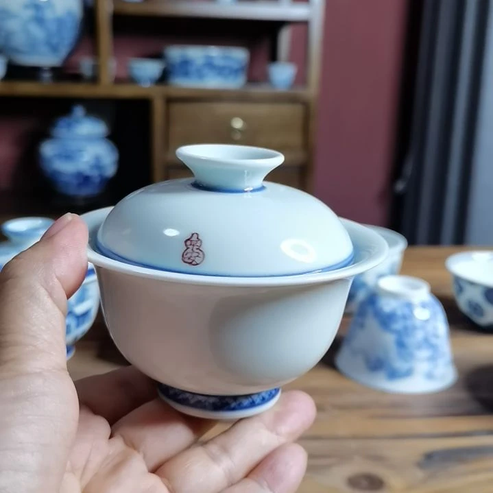 乡**鼠手工柴窑青花二才盖碗