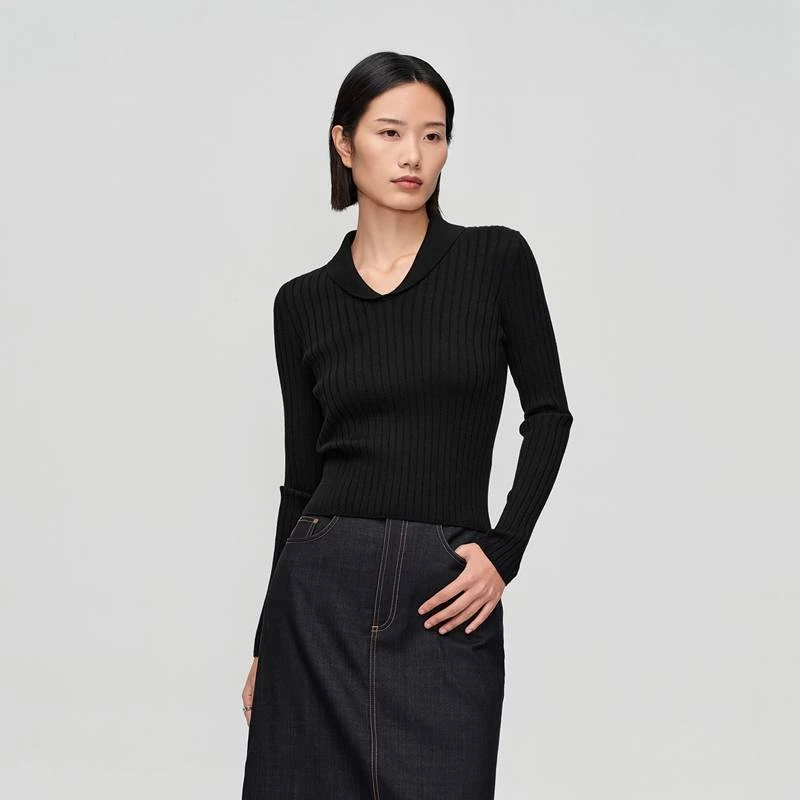 OVV秋冬新款女装丝羊毛青果领罗纹优雅修身长袖针织衫GNZAJ33101A