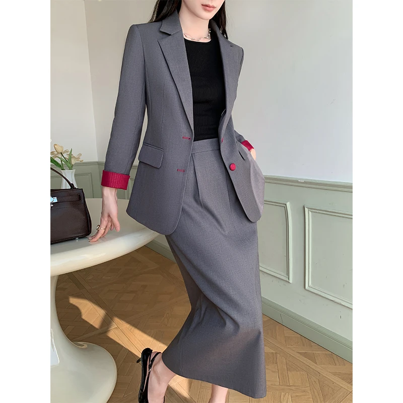 灰色西装套裙女气质2025新款秋冬季高端面试职业通勤西服套装女
