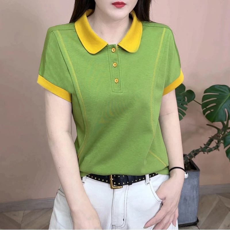 2025春夏款新品时尚百搭修身显瘦休闲纯色POLO领女士短袖上衣7930