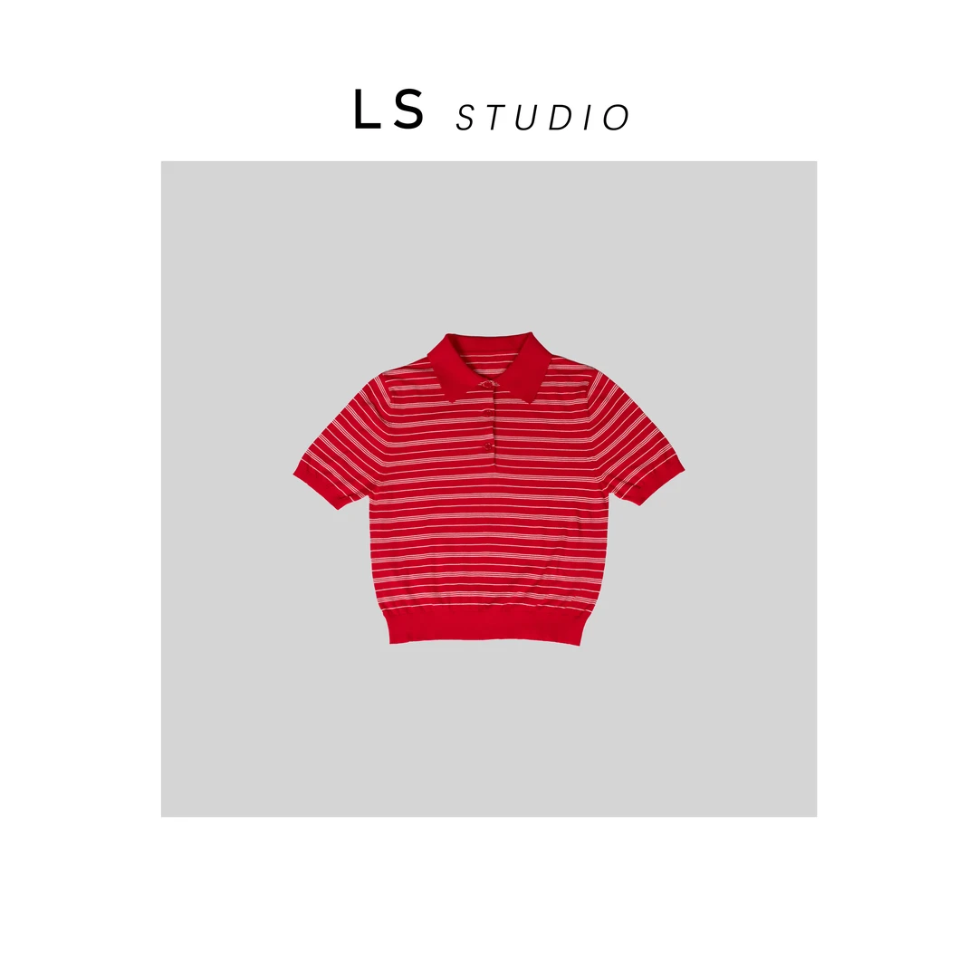 LL 经典红条纹撞色毛衣polo领短袖针织毛衫时尚 266716-1