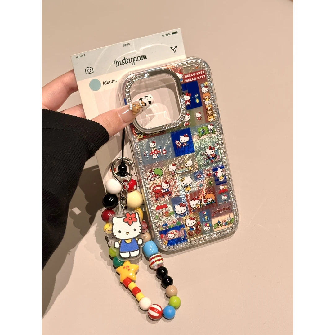 甜点彩色方格KT猫插画适用苹果16pro手机壳创意iPhone15女14手链