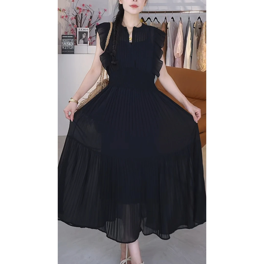 【小美专属】法式甜美风杏色小飞袖收腰显瘦夏季气质长裙连衣裙