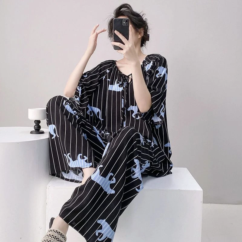 可外穿睡衣女短袖长裤夏季超薄巨凉快套装棉绸宽松好看家居服新款