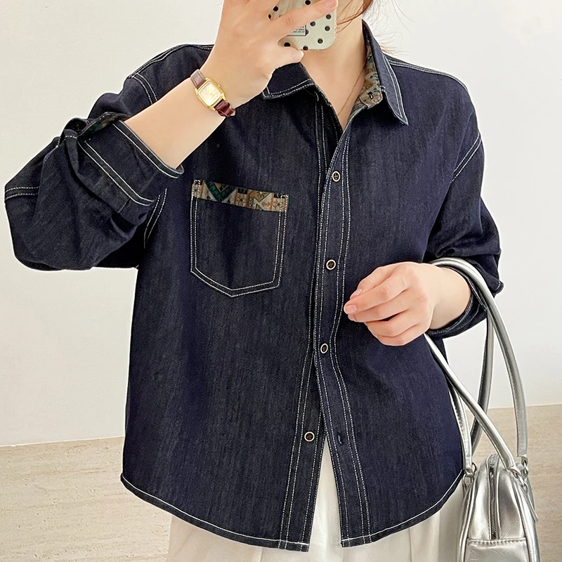(衣兮复古内衬提花翻领外套)85167早秋新款美式休闲百搭牛仔上衣D