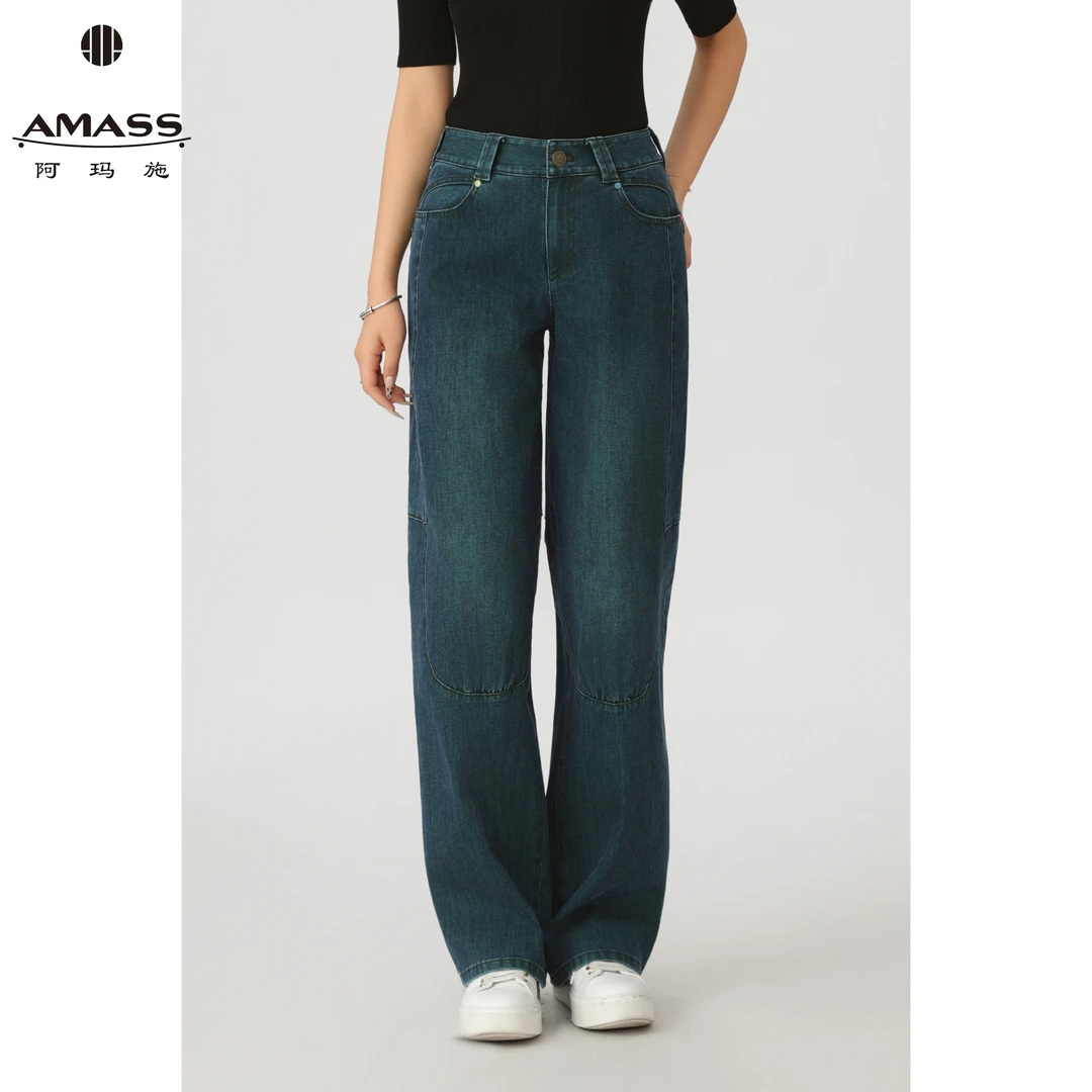 AMASS/阿玛施秋季新款时髦百搭休闲复古风直筒蓝色牛仔裤 5100432