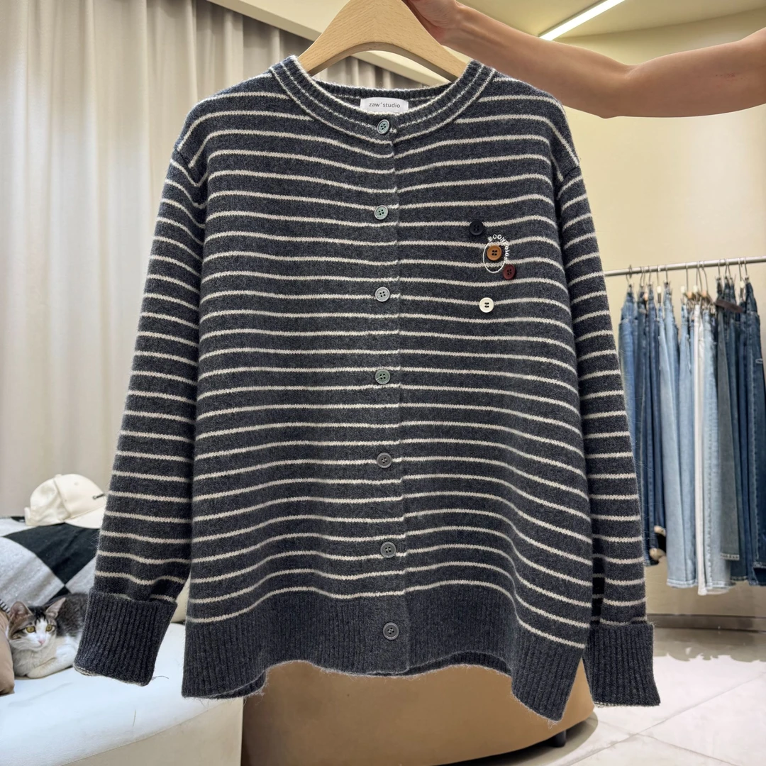 zaw大码女装胖妹妹宽松条纹毛衣外套女洋气胖妹妹开衫上衣/24690