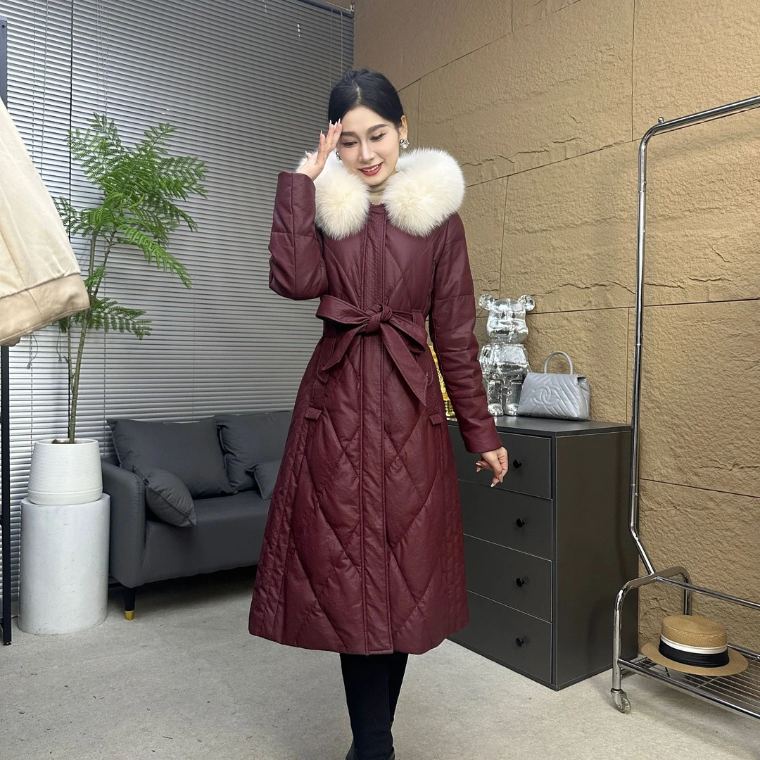 韩版冬季加厚连帽中长款红色收腰羽绒服时尚百搭鹅绒服女2F056