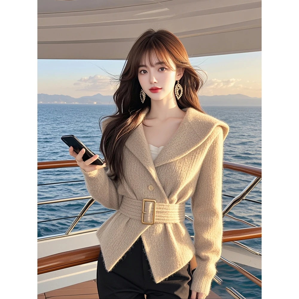 小香风杏色收腰外套女装2024冬季气质名媛高级感显瘦针织上衣