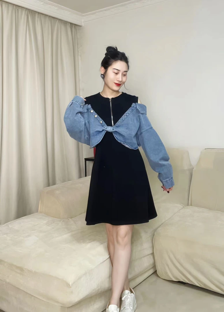 牛仔显瘦气质长袖时尚收腰娃娃领假两件拼接