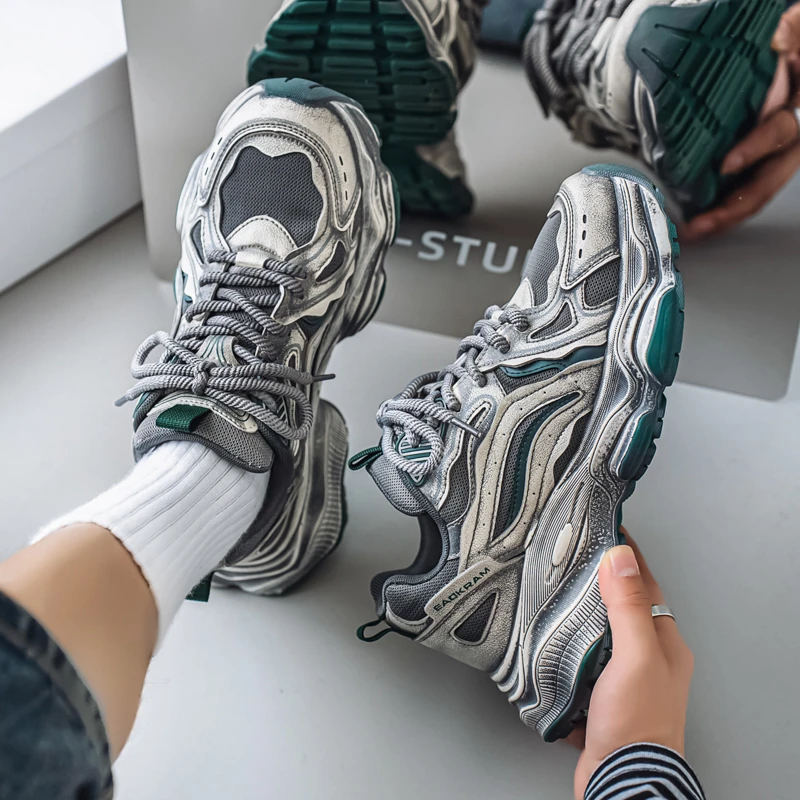 2025年潮牌老爹鞋男厚底增高夏季网面情侣运动鞋复古做旧休闲男鞋