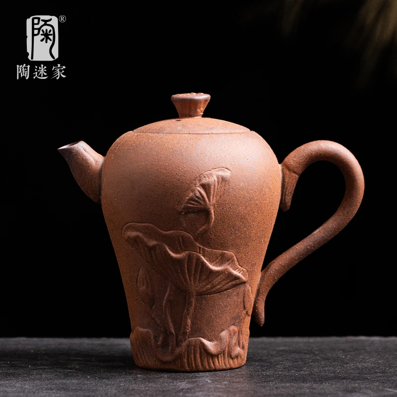 陶迷无釉原矿粗陶茶壶创意浮雕荷花壶家用可养陶瓷泡茶中式复古壶