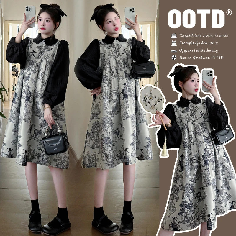 2025秋冬水墨画娃娃领孕妇连衣裙碎花春秋显瘦气质洋气时尚复古