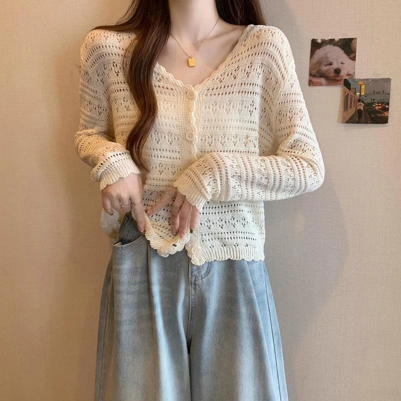 2025爆款单排扣针织开衫薄款女装外搭洋气针织衫披肩蕾丝外搭