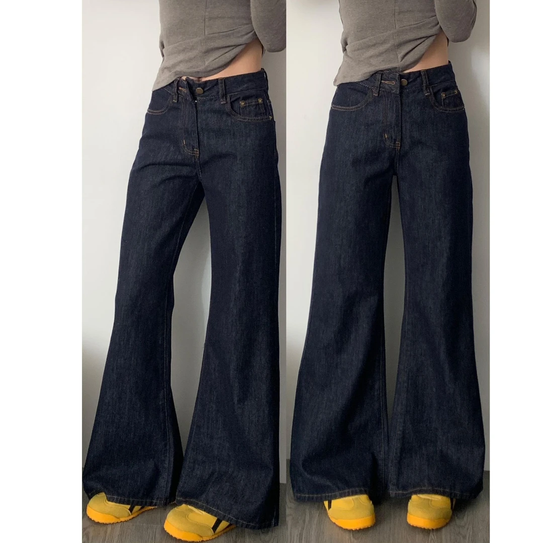 深蓝色高腰微喇直筒牛仔裤女大码秋冬新款胖mm梨形身材显瘦马蹄裤