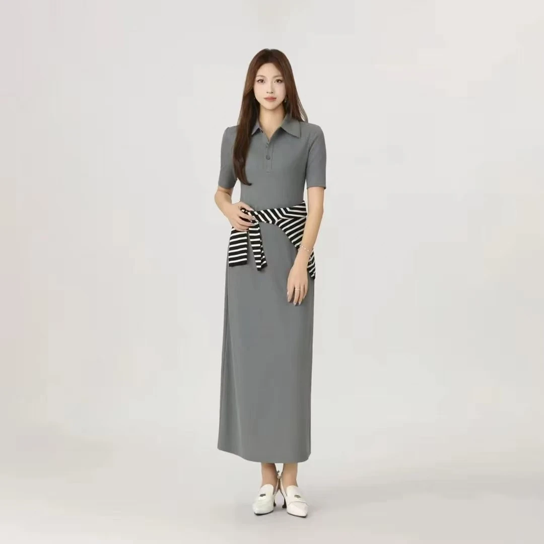 阿玛施AMASS新款气质复古百搭翻领纽扣收腰短袖连衣长裙女550030