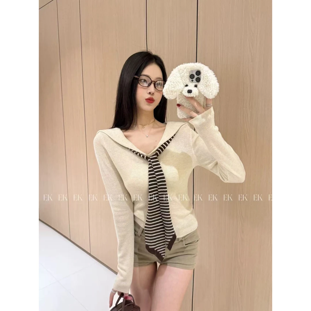 早秋新款爆款条纹海军领披肩针织衫女掐腰长袖正肩上衣洋气女装