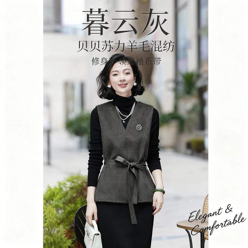 西子/【暮云灰】秘鲁羊驼毛羊毛单面昵系带百搭无袖背心/MJBH782