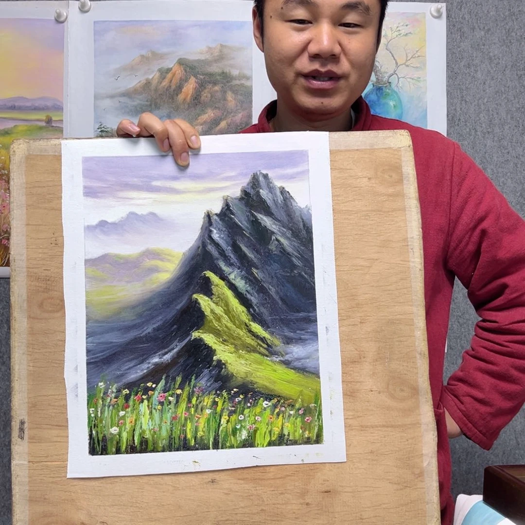 油画行路人小院绘画作品