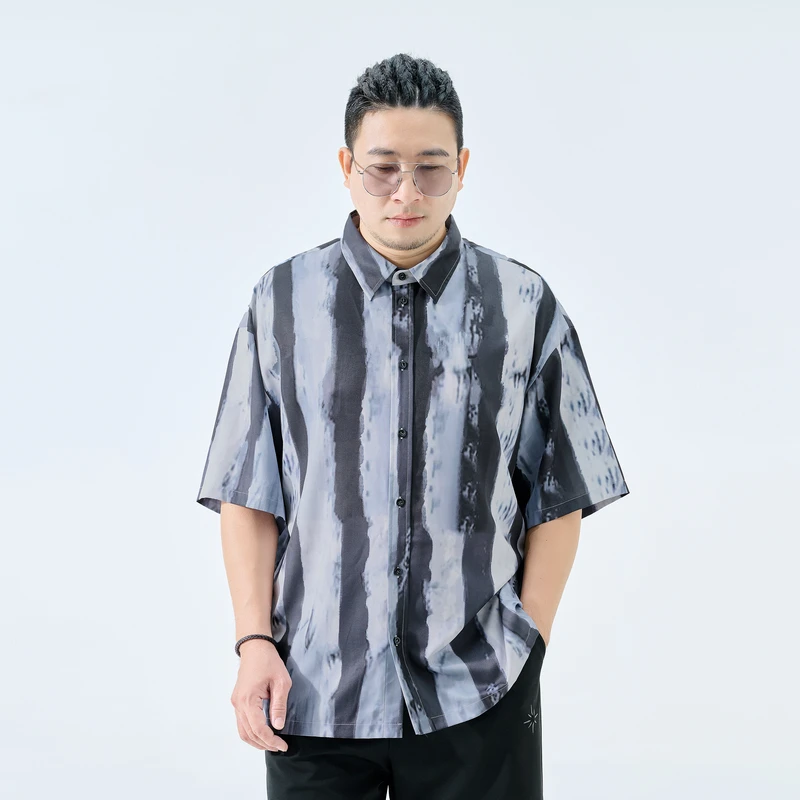 半墨大码男装宽松薄款新中式翻领短袖衬衫夏季新款胖子男上衣3164