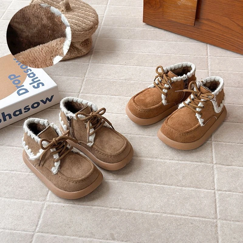 女童加绒棉靴2025冬季新款儿童保暖二棉鞋男童软底防滑复古雪地靴