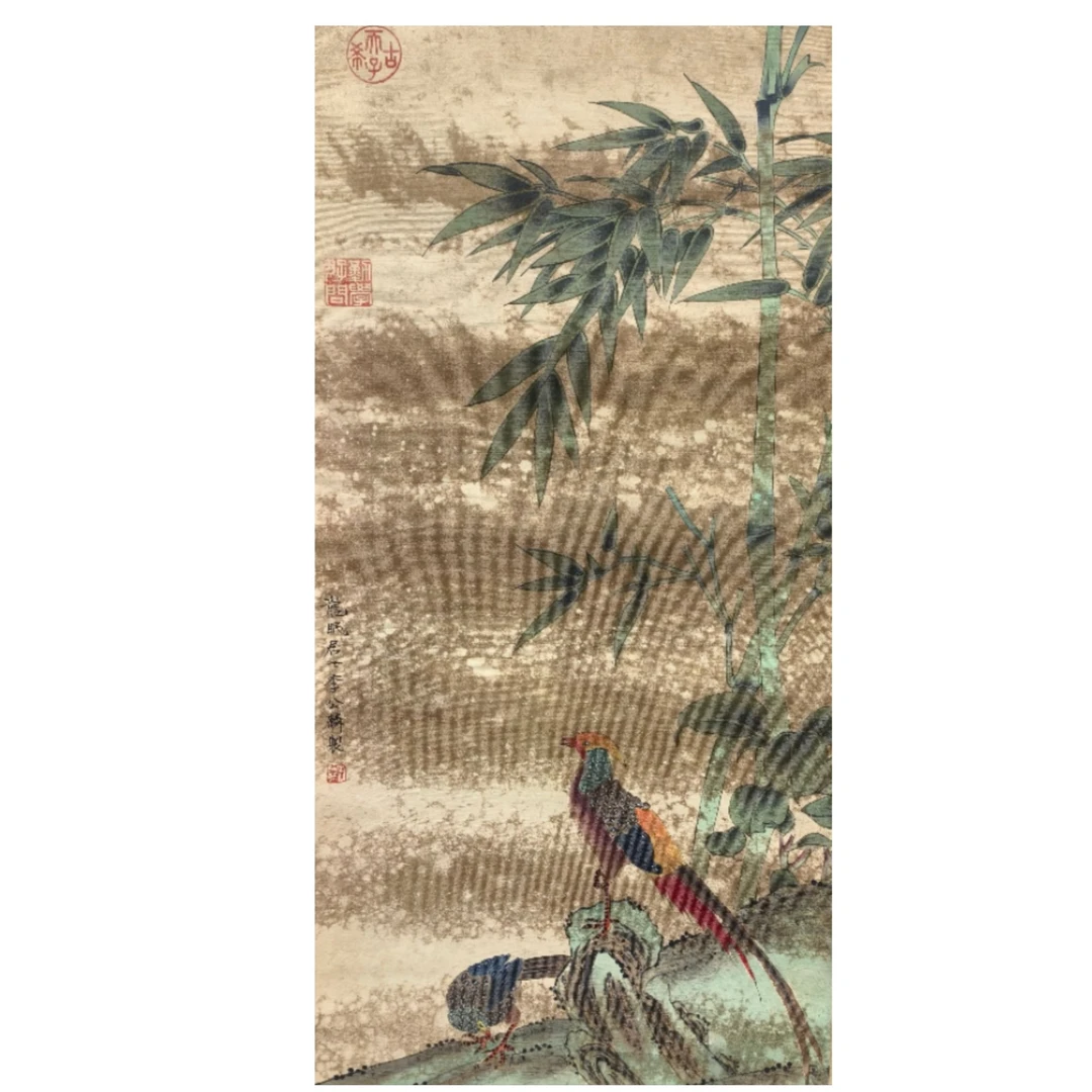 李  绢布花鸟立轴图 85*42约3.2平尺