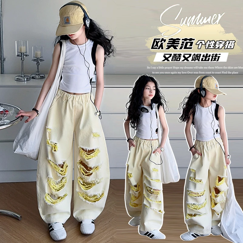 【雷哥.潮妞】女童夏季套装破洞牛仔裤韩版中大童网红两件套