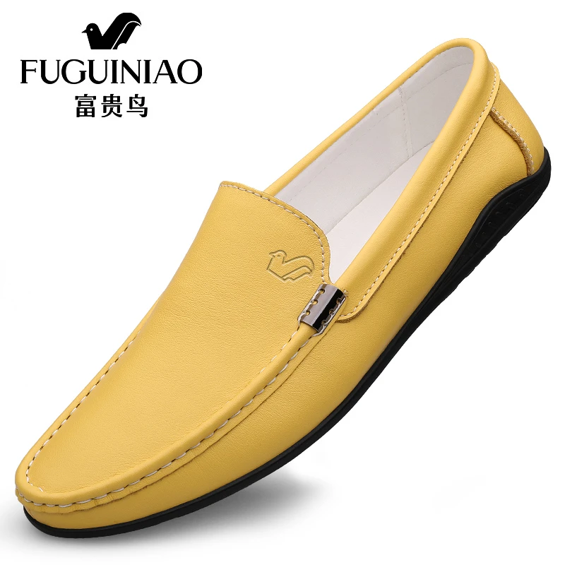 【富贵鸟正品】豆豆鞋男新款韩版舒适皮鞋软底轻便黄色手工驾车鞋子