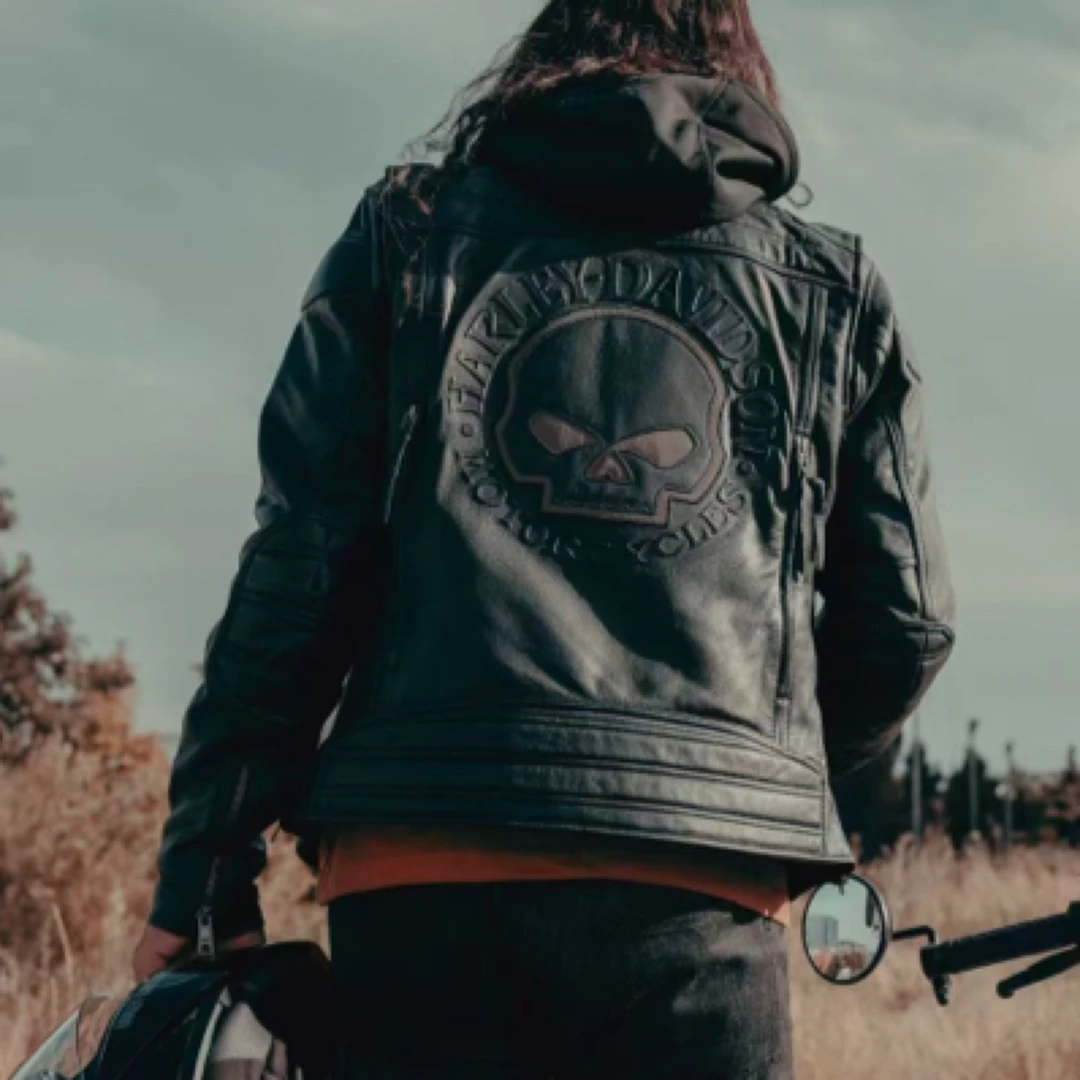 骷髅修身型骷髅头冬季多口袋皮衣软壳休闲连帽美式98011-21