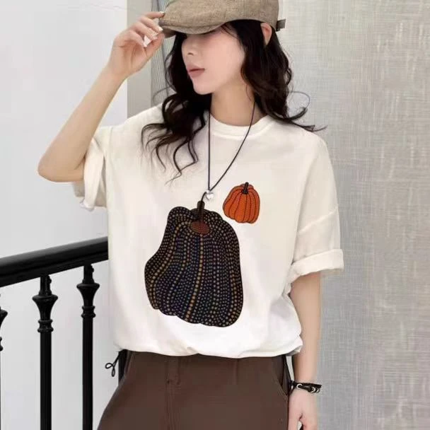 2025短袖新款夏季南瓜时尚韩版印花t恤女ins网红宽松百搭短袖