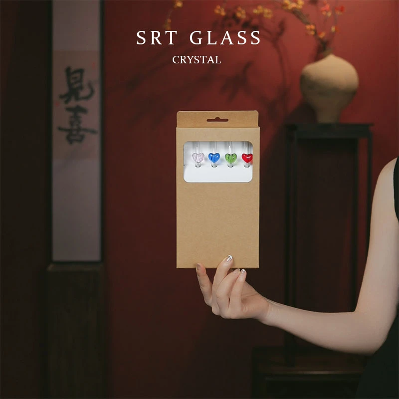 【4只装】时尚爱心高硼硅玻璃吸管彩色吸管套装食品级环保耐高低温