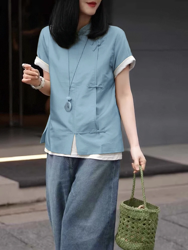 新中式蓝色盘扣时尚短袖衬衫2025新款高级感简约国风茶服上衣夏季