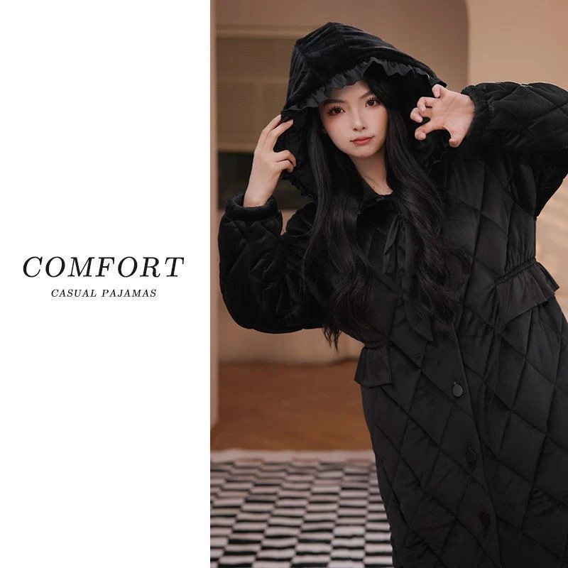 三层夹棉珊睡袍女瑚绒加绒加厚保暖睡衣女2025年秋冬款家居服套装