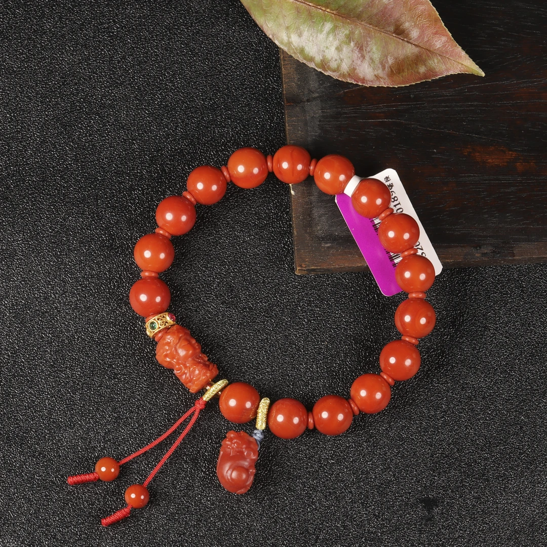 【小娟珠宝】F41 南红玛瑙圆珠 18k金配饰 貔貅 扎基拉姆手串 XH05