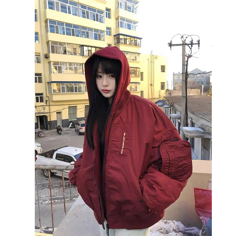 酒红色美式飞行夹克棉服男款冬季bomber假两件连帽外套短款棒球服