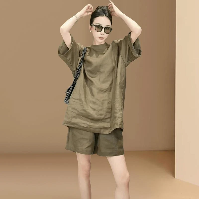 慵懒风纯色亚麻休闲套装宽松显瘦上衣高腰阔腿短裤气质减龄两件套