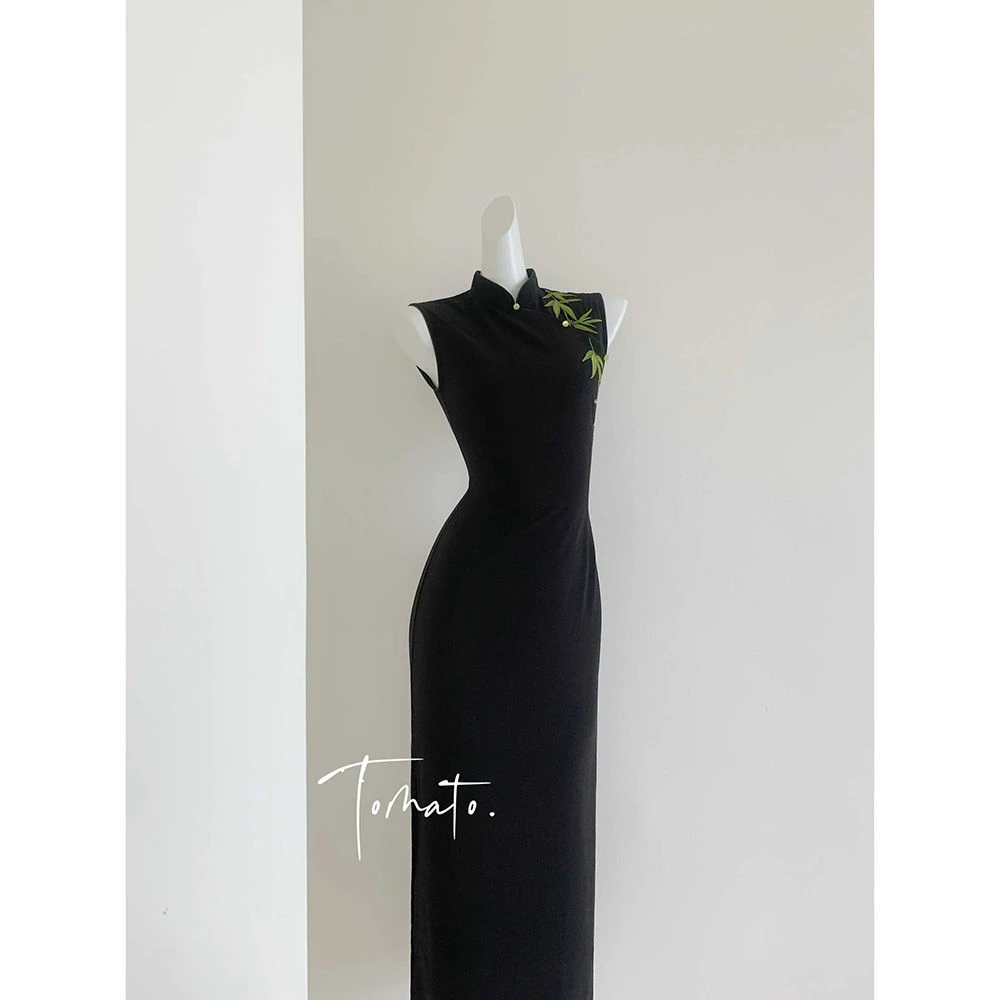 轻奢气质优雅黑色旗袍显瘦修身收腰无袖长款春夏新款连衣裙国